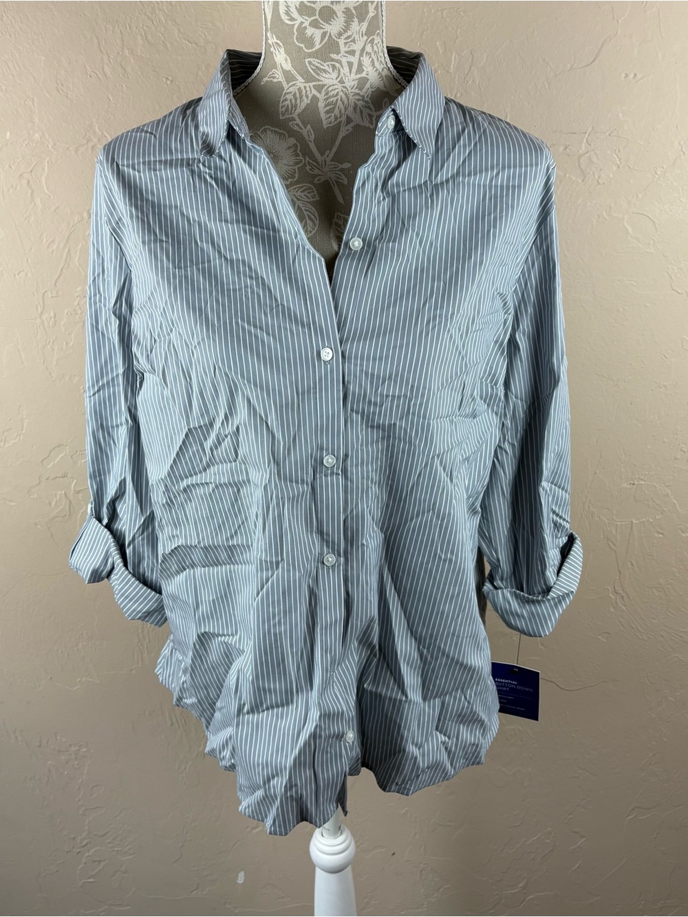 NWT APT 9 Gray White Striped Shirt Long Sleeve Roll Tab Sleeves Kohls Women’s XL